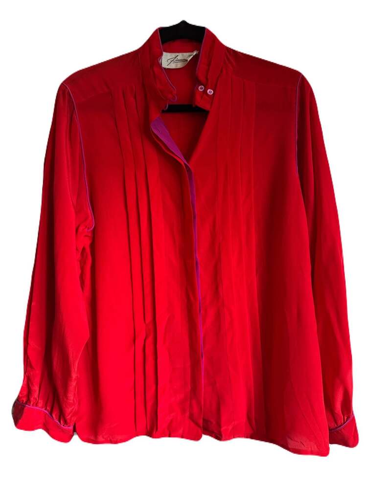 Unique Vintage Red Mandarin Collar Blouse – Fiona Tag – Silky